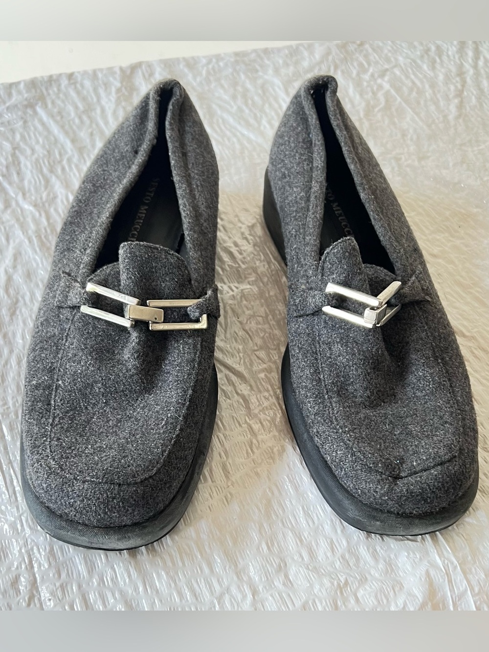 Sesto Meucci Charcoal Gray Felt Loafers with Silver Buckle Accent